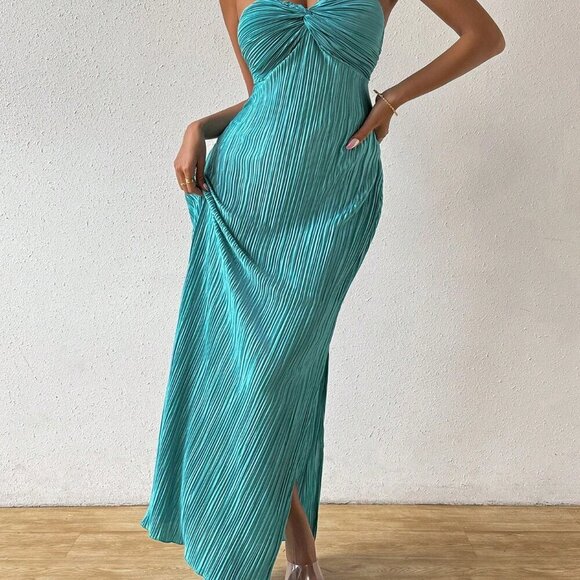 Cadet Blue Sexy Women's Elegant Pleated Off-Shoulder Twist Front Dress - Picture 5 of 6